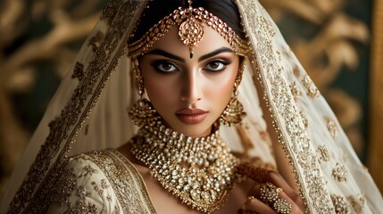 A rich bridal outfit in ivory and gold, with detailed embroidery and a stunning display of Indian bridal jewelry.