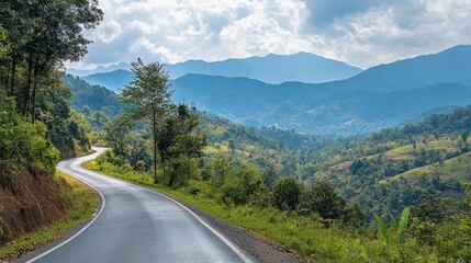 Naklejka premium The scenic drive up the winding roads to the Doi Inthanon National Park, with mountains and waterfalls along the way.