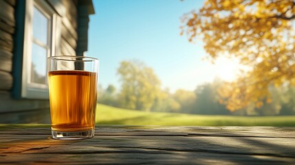 Cozy autumn background with Glass of Apple Cider with space for text