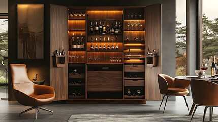 Elegant convertible bar wine cabinet, made of rich cherry wood, with fold-out shelves and hidden storage for bar tools and wine bottles,