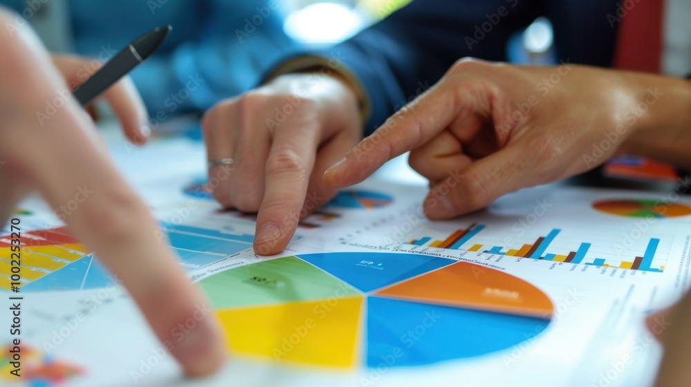 Poster Hands Pointing at Colorful Pie Chart for Analysis