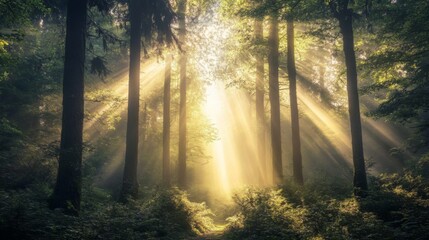 Fototapeta premium Sunlight Streaks Through a Misty Forest