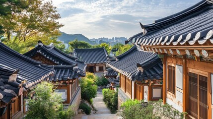 Fototapeta premium The serene beauty of Namsangol Hanok Village, showcasing traditional Korean houses and cultural performances.