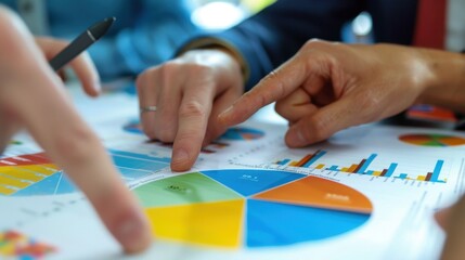 Fototapeta premium Hands Pointing at Colorful Pie Chart for Analysis