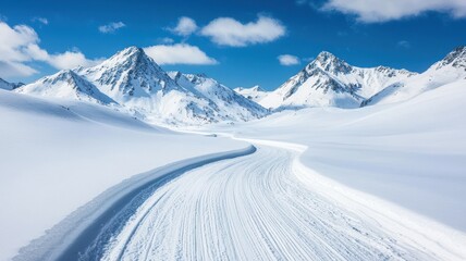 Obraz premium Winter is coming. Snowy mountain pass with a winding road, faraway peaks and clouds, sharp focus on every detail, winter scenery unfolding 