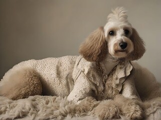 Portrait of a Glamorous Dog Wearing a Royal Dress, Resting on the Sofa and Looking at the Camera, with a Blank Wall Background