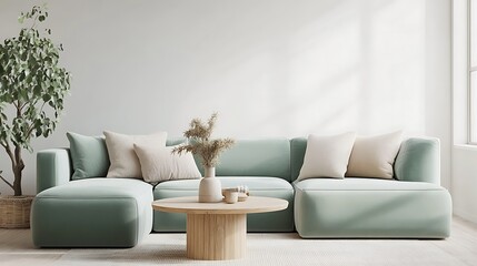 A Scandinavian-style sectional sofa in pastel green, paired with a light oak coffee table and neutral pillows.