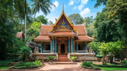 Obraz premium The striking architecture of Wat Neua, with its colorful decorations and lush surrounding gardens.