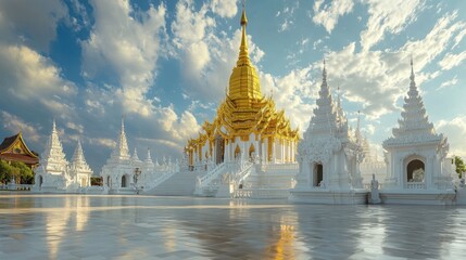The stunning architecture of Wat Suan Dok, with its large golden chedi and collection of white pagodas.
