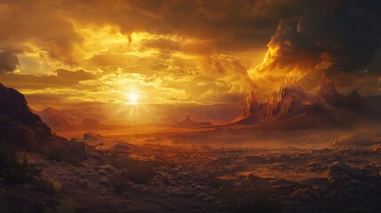 Fototapeta premium Dramatic Sunset Over a Red Desert Landscape with Rock Formations