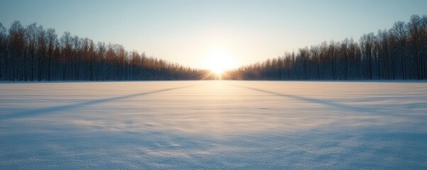 Winter sun casting long shadows on a frozen lake, trees lining the horizon, deep depth of field with cold clarity, winter wonderland, Winter is coming.