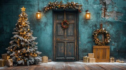 Fototapeta premium Cozy holiday decorations with a Christmas tree and rustic door in a warm, inviting atmosphere