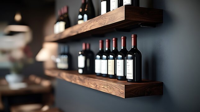 Elegant floating wine shelves, featuring dark walnut wood with hidden brackets, wine bottles neatly lined up, soft ambient lighting casting shadows,