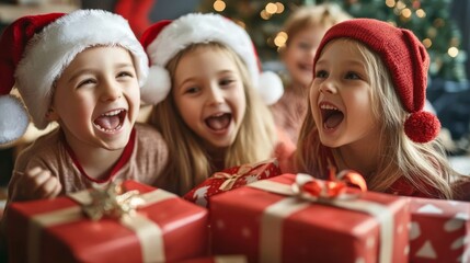 Joyful children opening Christmas presents with excitement
