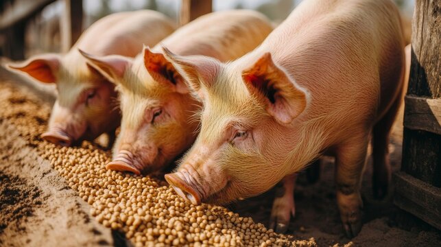 Large group of pigs feeding on nutritious pellets in their designated farm feeding area