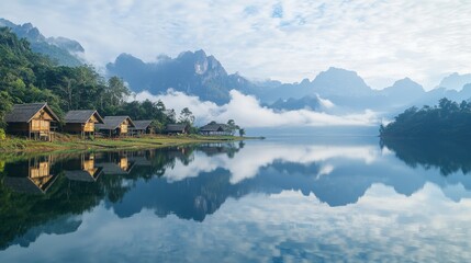 Fototapeta premium The stunning mirror-like surface of Huay Tung Tao Lake, reflecting the surrounding mountains and bamboo huts.