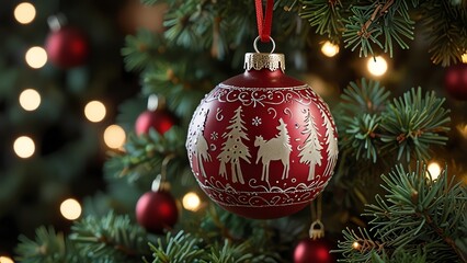 a red ornament with deer on it is decorated with trees.
