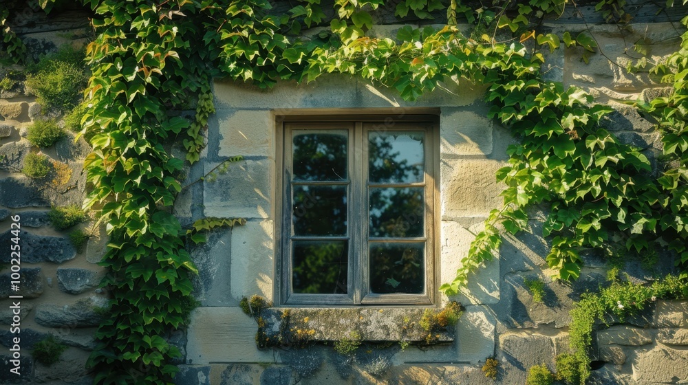 Sticker Vintage Stone Wall with Climbing Ivy Vines