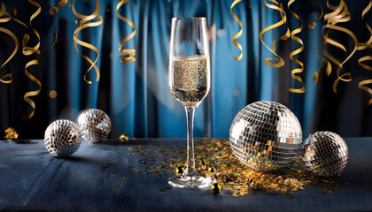 champagne, glass, with, disco, balls, ball, blue, color, new, card, design, banner, happy, year, streamers, party, celebration, decoration, alcohol, festive, celebrate, gift, anniversary, holiday, 3d,