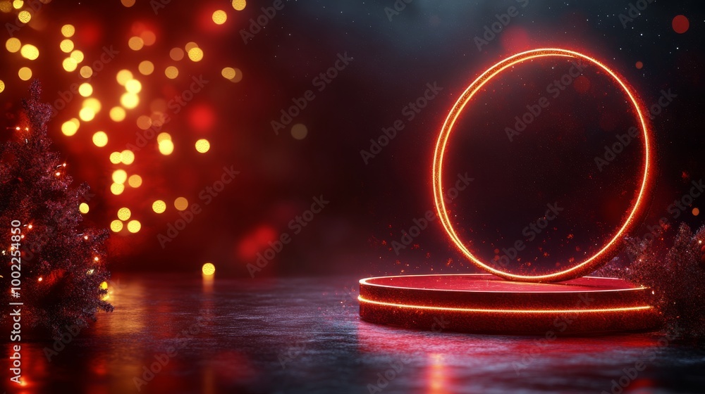 Poster vibrant red circular display with glowing lights against a festive background in a dim setting