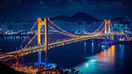 Naklejka premium The stunning view of the Gwangandaegyo Bridge in Busan, lit up at night, showcasing the city's vibrant nightlife.