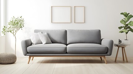 A sleek gray Scandinavian sofa with wooden legs, placed in a bright living room with light wood floors and minimalist decor.