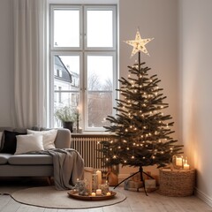 Scandinavian Holiday Charm- Pinecones and Wooden Stars on a Minimalist Christmas Tree, Generative Ai