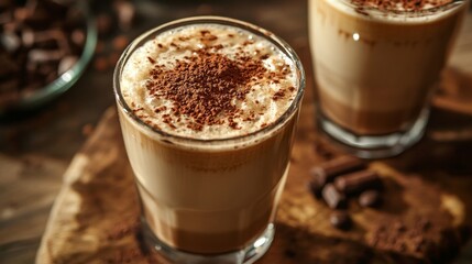 Mocha latte with a sprinkling of cocoa powder, enhancing its rich chocolate flavor