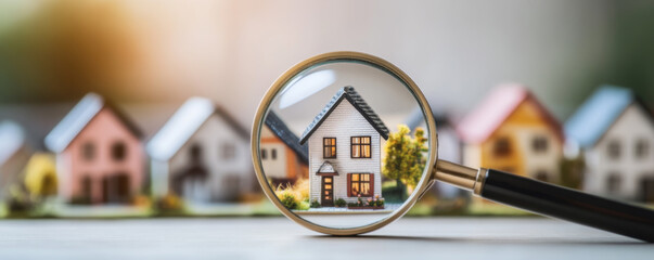 Focused house under magnifying glass with multiple homes in background..