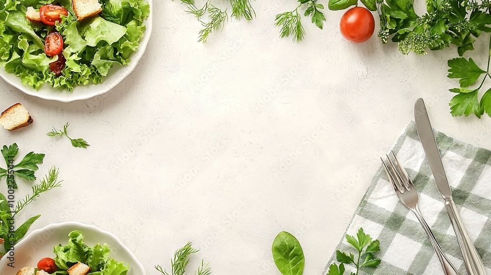 Poster   A table topped with two bowls of salad, plate of bread, and a bowl of salad on a checkered cloth