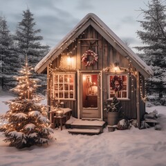 Nordic Winter Serenity- Snowy Cabin and Minimalist Christmas Tree in a Rustic Setting, Generative Ai
