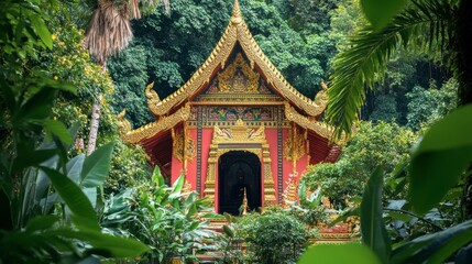 Fototapeta premium The vibrant red and gold decorations of Wat Thung Si Muang, standing out against the green foliage.