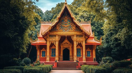 Fototapeta premium The vibrant red and gold decorations of Wat Thung Si Muang, standing out against the green foliage.