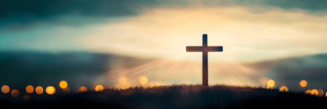 Silhouette of christian cross, lights, bokeh on black background. Copy space. Faith symbol. Church worship, salvation concept. Faith symbol in Jesus Christ. Holy cross for Easter day. Christianity