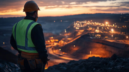 Construction Worker Overlooking Illuminated Mining Site at Dusk