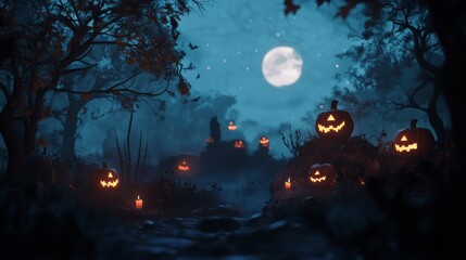 Capture the spooky essence of Halloween with an eerie yet  scene, featuring glowing jack-o'-lanterns, flickering candles, and shadowy silhouettes against a moonlit night 