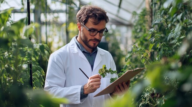 A Botanist Examining Plants in a Greenhouse
