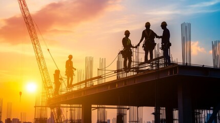 Fototapeta premium Workers on a construction site performing tasks with safety harnesses and helmets, following safety protocols