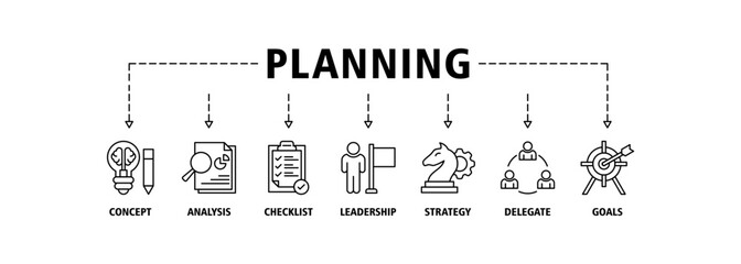 Planning banner web icon vector illustration concept with icon of concept, analysis, checklist, leadership, strategy, delegate and goals icons infographics symbol background