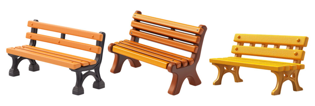 Three Stylish Wooden Benches On Transparent Background