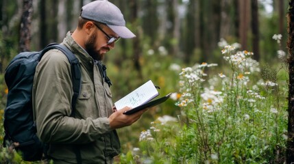 Bearded Man with Backpack Examining Notes in Forest