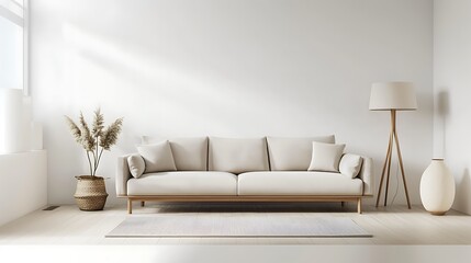 A soft taupe Scandinavian sofa set against a white wall, with light wooden accents and a simple floor lamp.