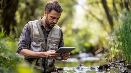 Fototapeta premium Man in a Forest Using a Tablet by a Stream