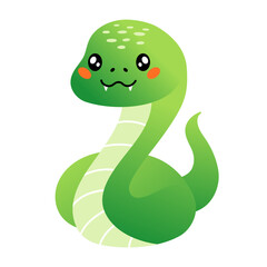 Cute cartoon green snake in flat style isolated on white. Snake kawaii character