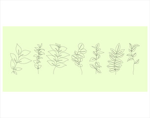 Obraz premium Set of black line art branch, leaf, plants. Botanical floral outline pencil sketch leaves isolated on white background. Hand drawn black simple vector illustration