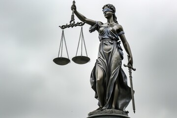 Lady Justice Statue Holding Scales of Law Against a Dark Stormy Sky






