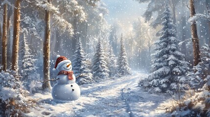 A snowy forest scene with a snowman and sparkly trees. It's a perfect picture for wishing everyone a Merry Christmas and Happy New Year!