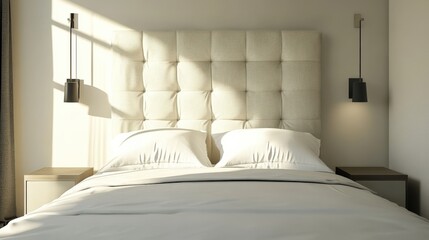 Headboard in a Double Bed: Comfortable White Interior in Hotel Room