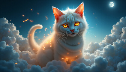 Portrait of a White Cat in the Clouds