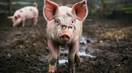 Pig Standing in a Muddy Pen with Ears Perked Up